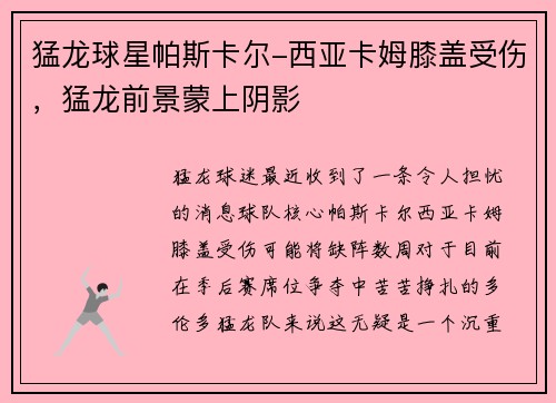 猛龙球星帕斯卡尔-西亚卡姆膝盖受伤，猛龙前景蒙上阴影